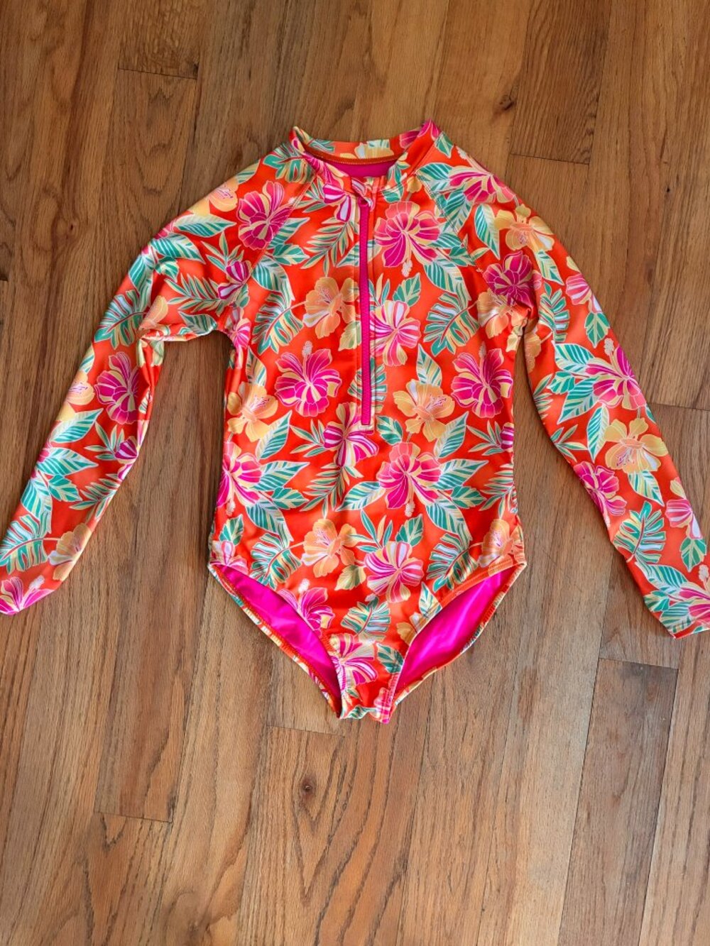 Girls 10/12 Tropical Floral Long Sleeve Rash Guard Swimsuit Wonder Nation